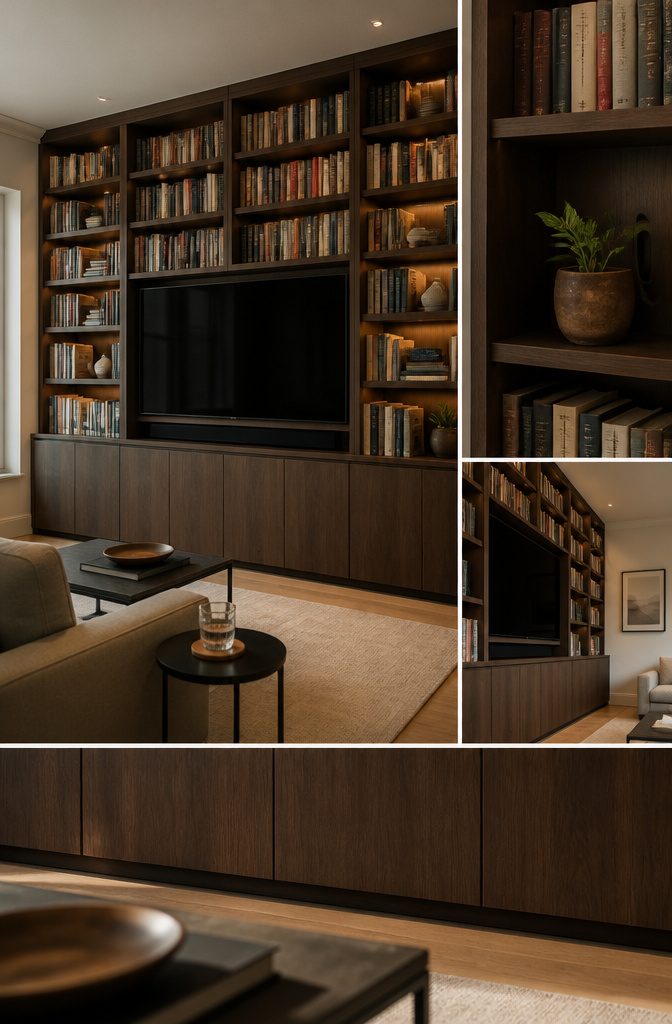 Television mounted between two tall bookcases.