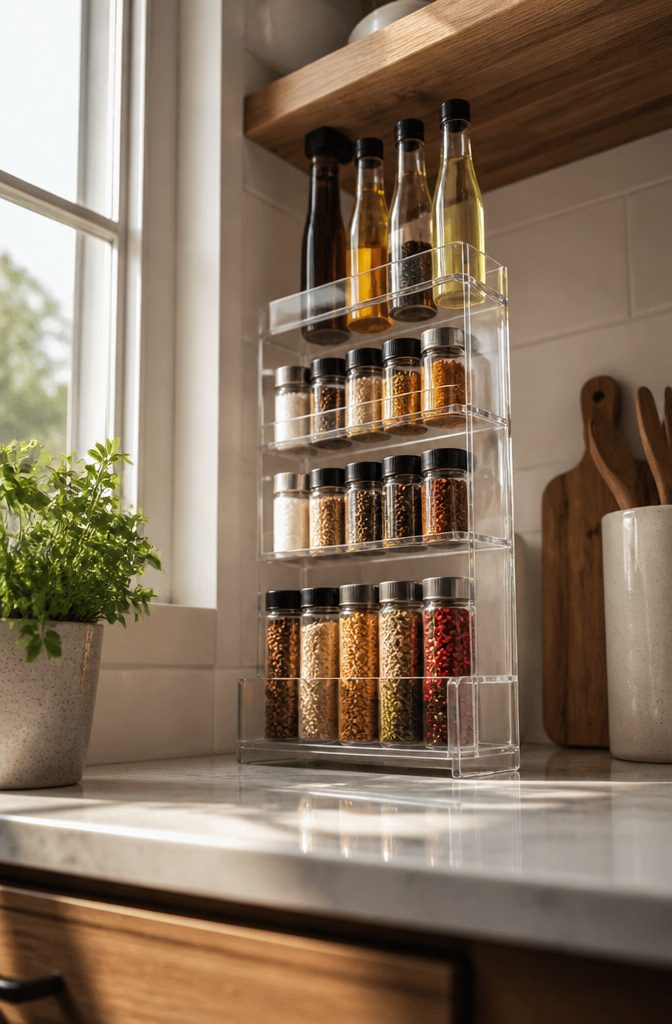 A tiered shelf holding spice jars and cooking oils.