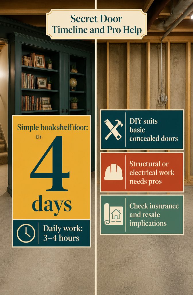 How to Build a Secret Room: 7 Steps from Start to Finish 11 Secret door timeline graphic with professional help guidance