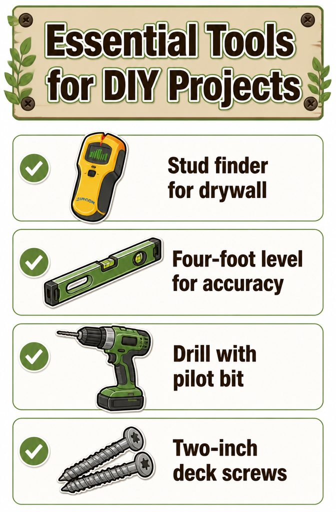 10 Tiny Home Space Saving Ideas: Storage and Layout Solutions 17 A collection of essential tools for DIY projects, including a stud finder and drill.