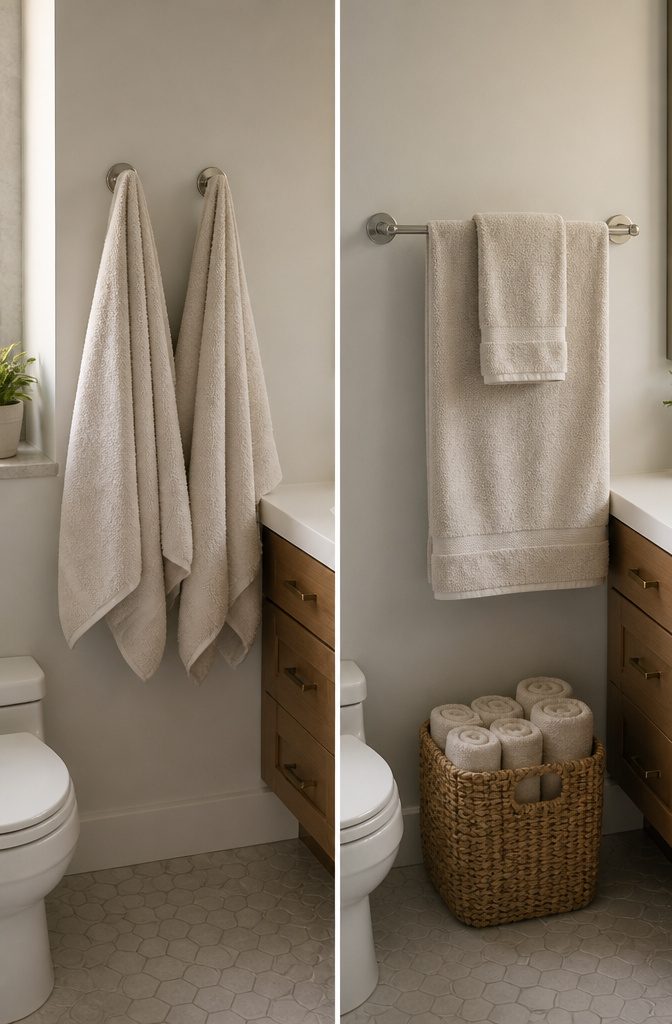 Swivel towel bar with towels hanging from its rotating arms