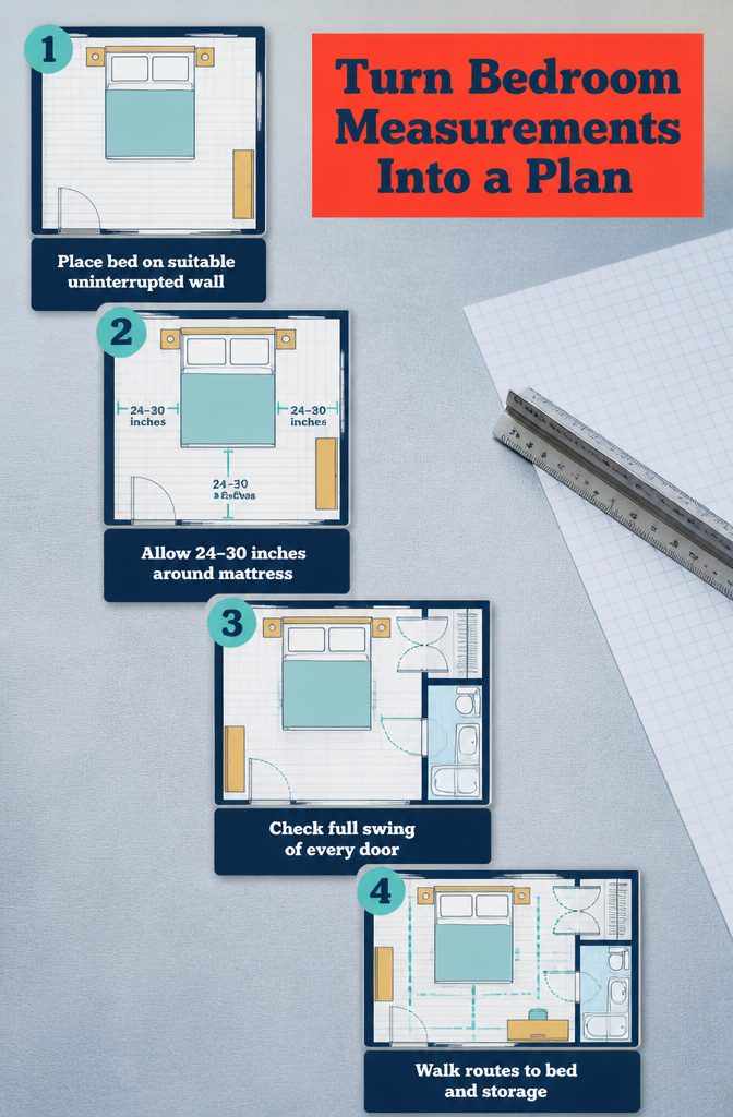 How to Design a Bedroom: 6 Steps from Measuring to Finishing 11 Bedroom layout plan with a bed, measurement marks, and open walking paths