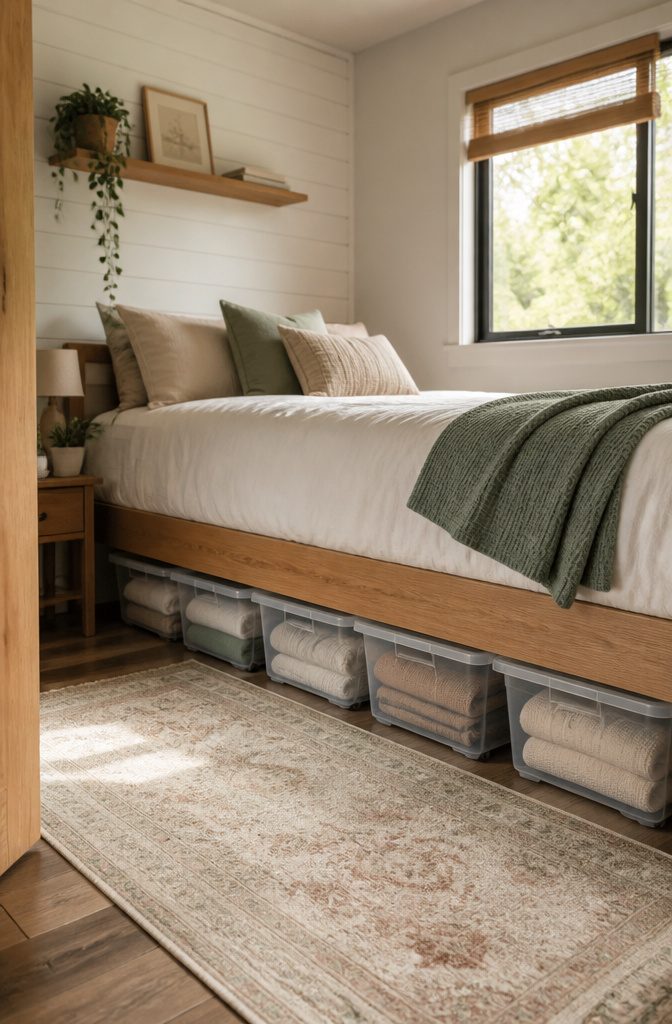 10 Tiny Home Space Saving Ideas: Storage and Layout Solutions 4 Rolling bins labeled for storage tucked under a neatly made bed.