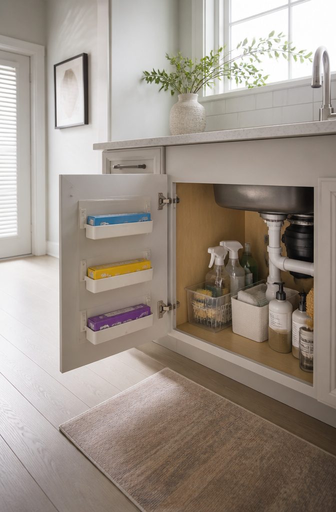 10 Plastic Wrap Storage Ideas for Organized Kitchens in 2026 4 An under-sink cabinet door with storage for plastic wrap boxes.