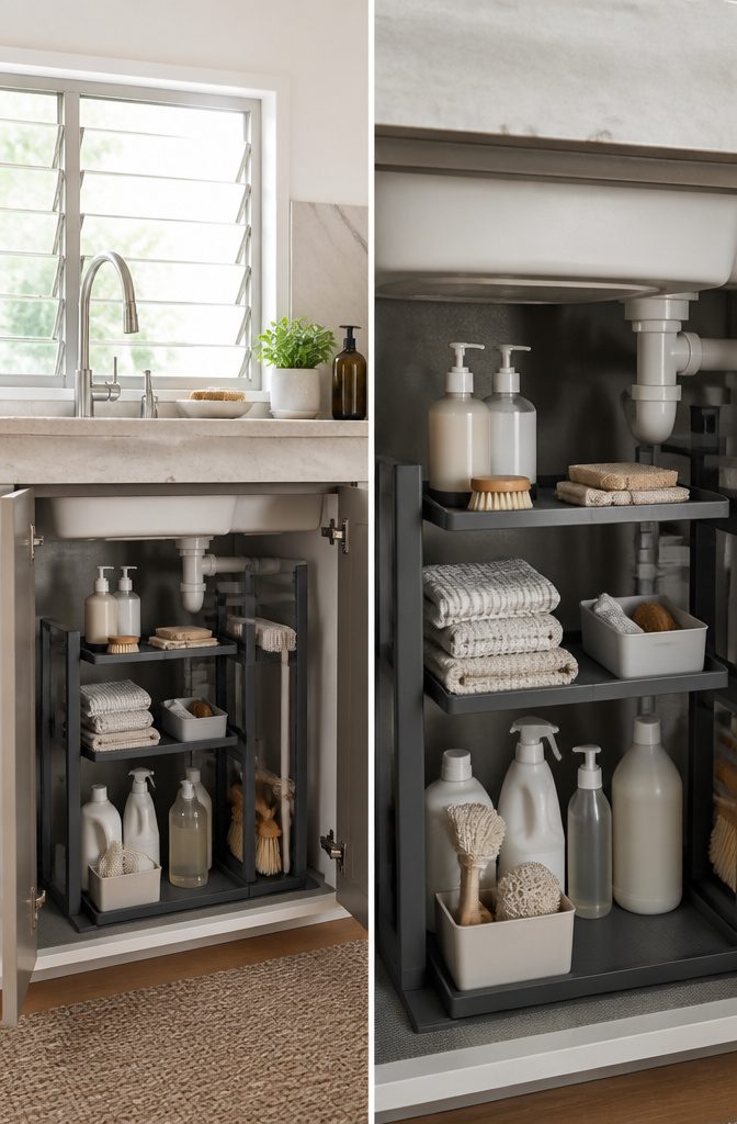 A cabinet under the sink with organized waterproof storage bins.