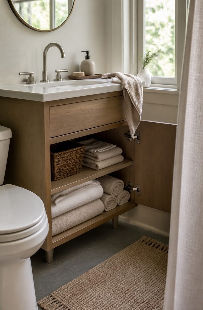 Folded towels in a shallow basket beneath a bathroom sink