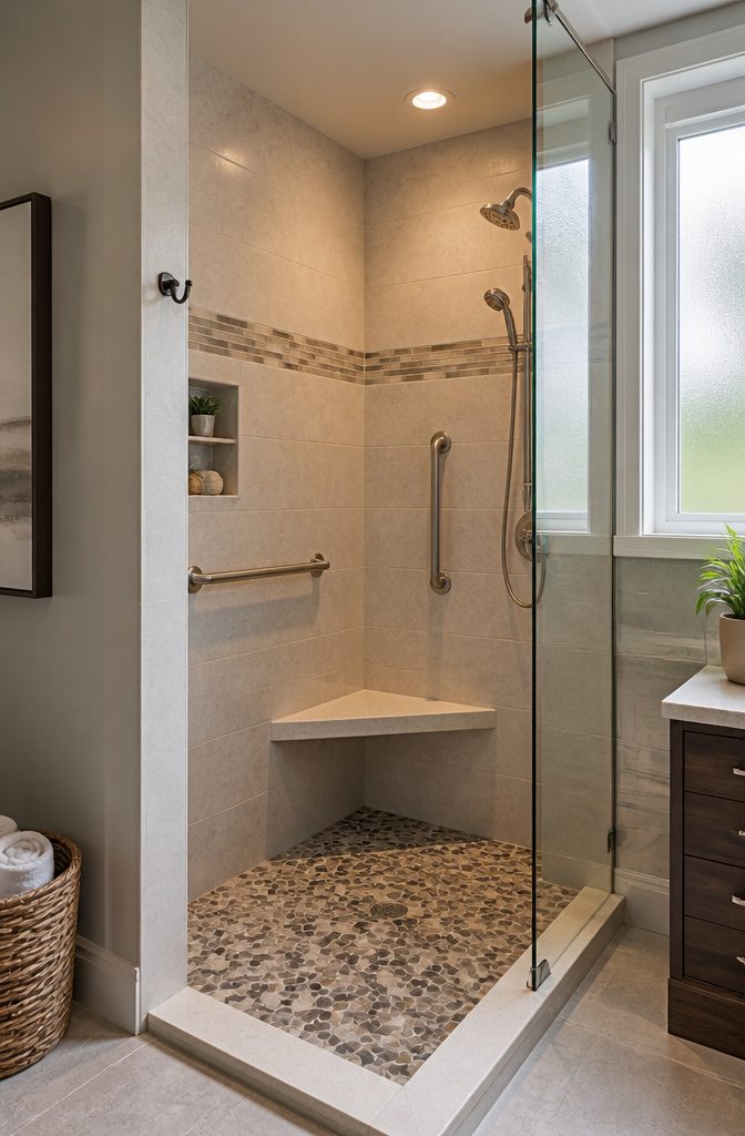 10 Small Bathroom Shower Ideas for 2026 Renovations 14 A shower with a built-in bench and grab bars for accessibility.