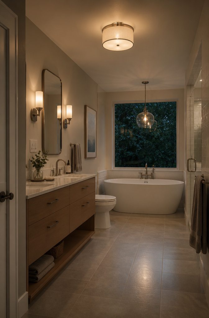 18 Ways to Style a Modern Bathroom 3 Bathroom vanity with eye-level sconces and an overhead light