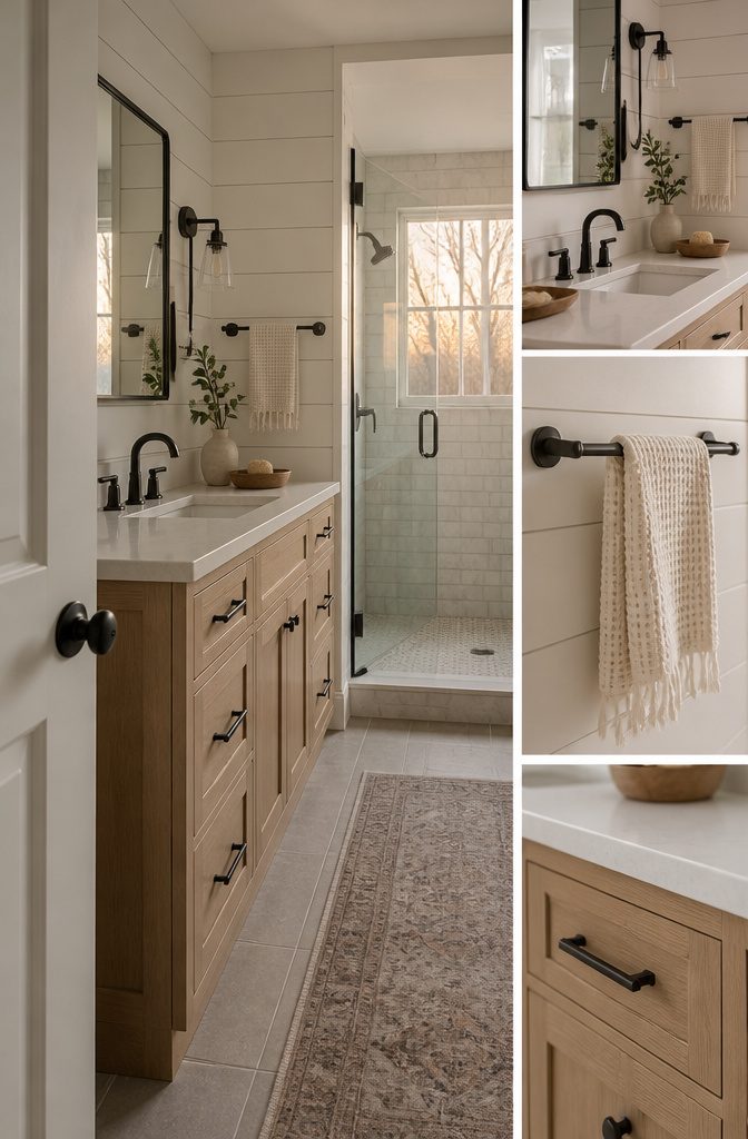 Farmhouse bathroom with matte black faucet hardware and white tile