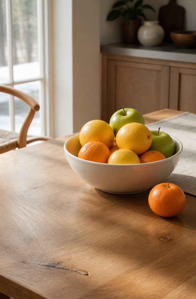 17 Ways to Decorate a Dining Table (With Style Tips) 12 Bowl filled with citrus and apples on a dining table