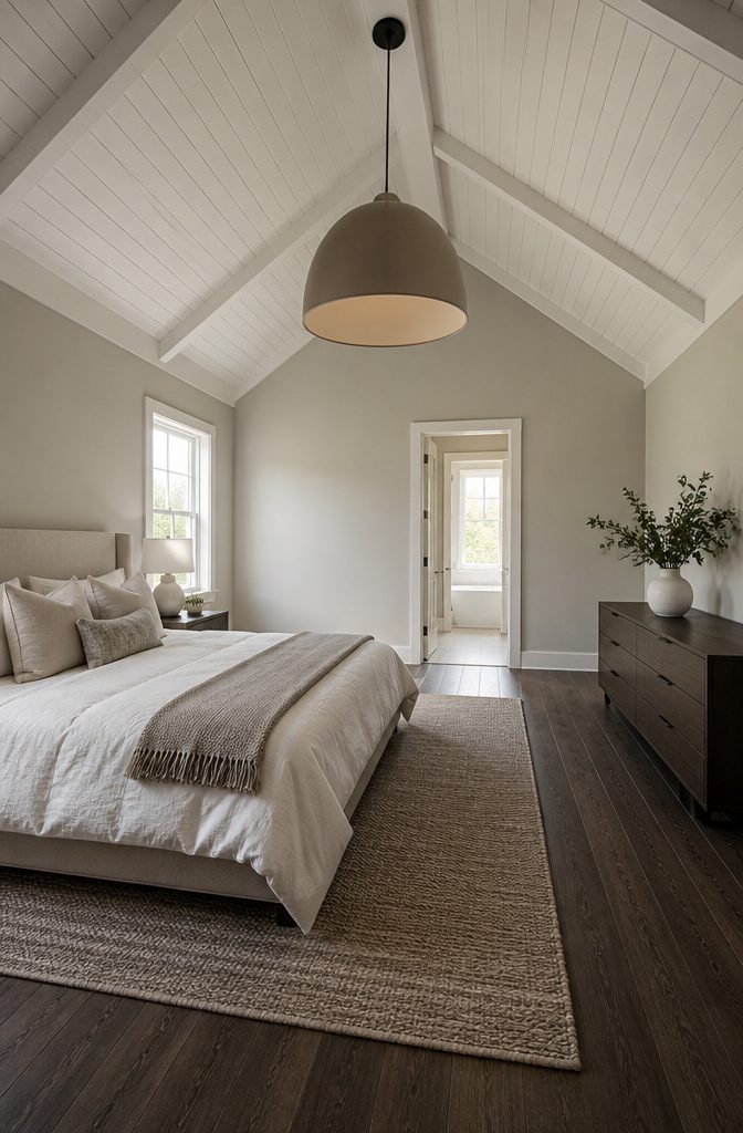 Bedroom ceiling fixture centered above a bed with bedside furniture