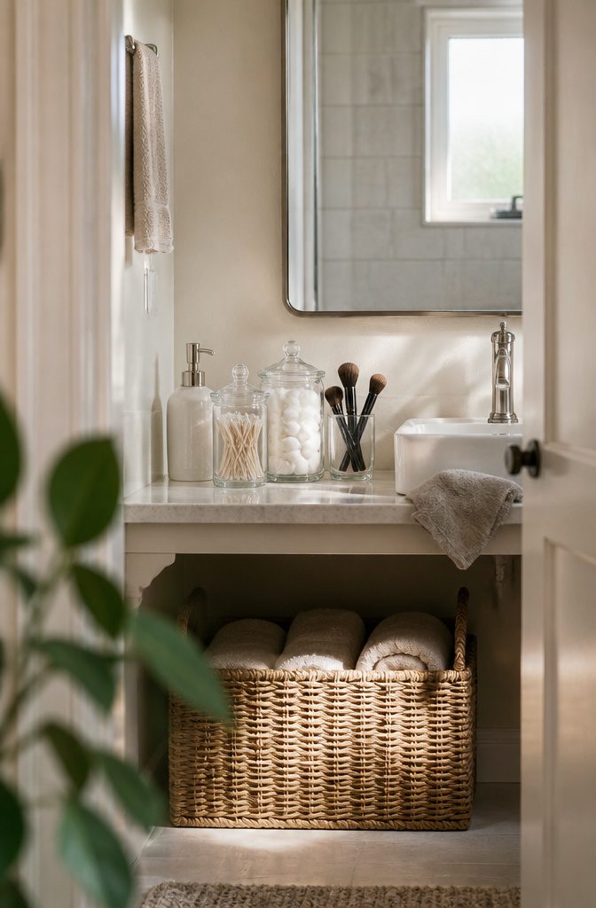 15 Ways to Organize a Small Bathroom Without Wasting Space 16 Bathroom counter with glass jars of cotton supplies and a woven basket of towels