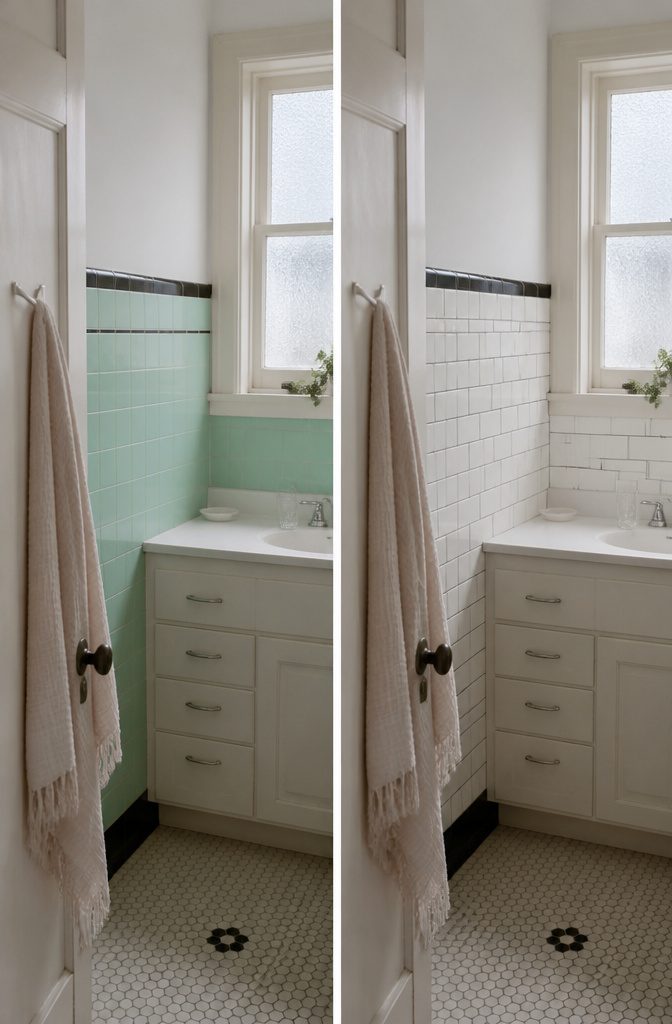 Vintage bathroom with pastel tiles and a black border around the walls
