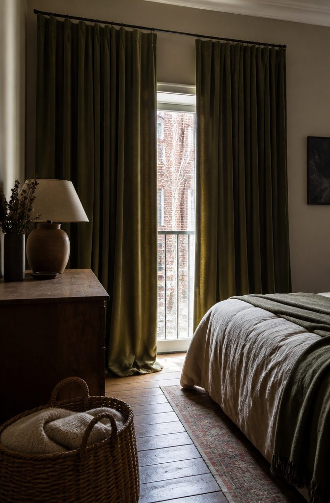 Deep olive velvet curtains beside a bed with a woven basket and folded blanket