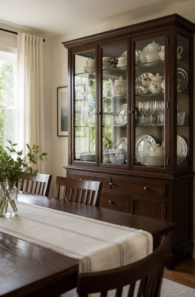 Patterned china displayed behind glass cabinet doors