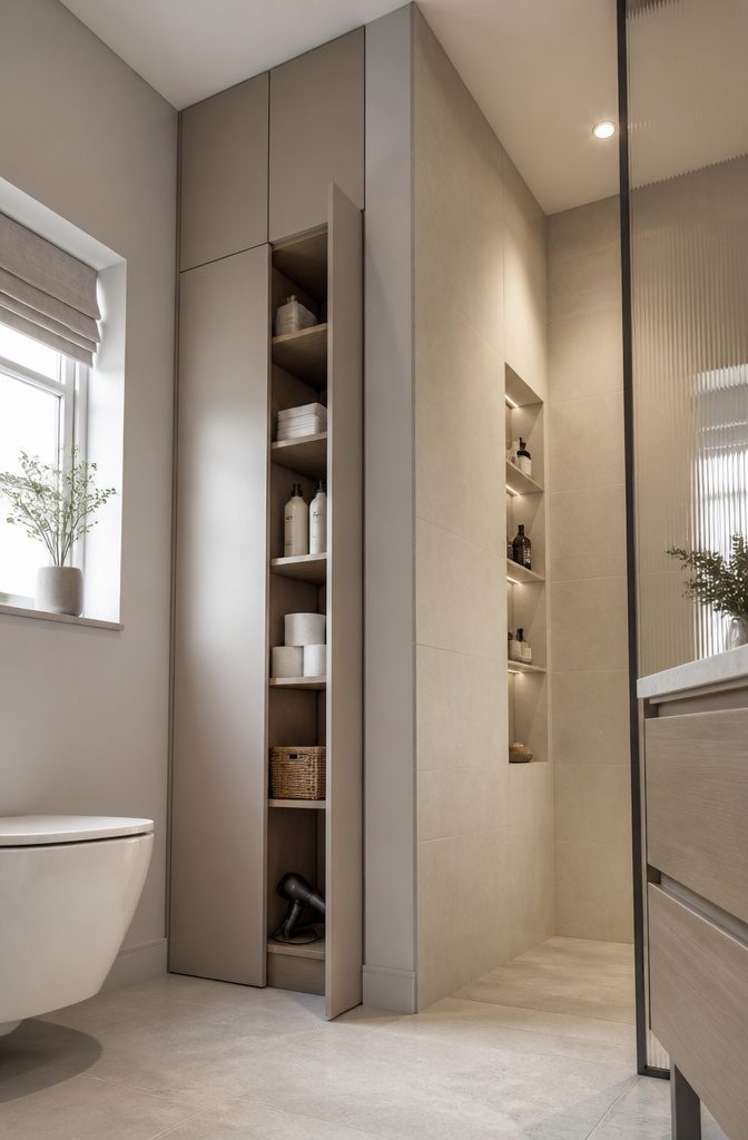 10 Built-In Bathroom Storage Ideas for 2026 13 Tall cabinets in a bathroom providing ample storage space.