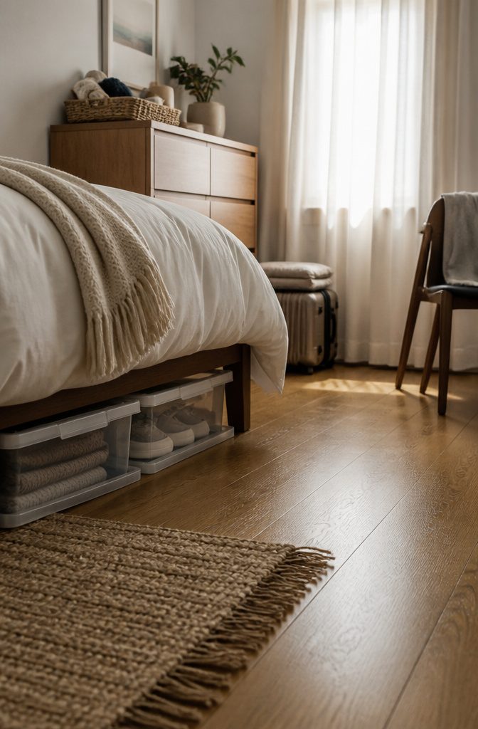 10 Ways to Organize Small Spaces That Actually Work 5 Shallow clear boxes under a low bed with folded clothes and shoes
