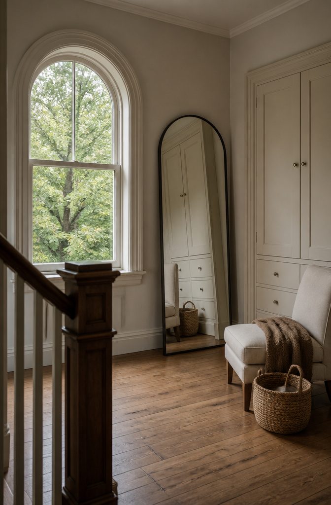 10 Ways to Decorate a Full Length Mirror in Any Room 9 Arched full-length mirror beside an arched window and built-in cabinetry