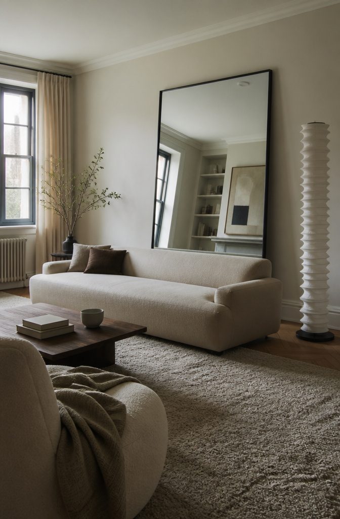 10 Ways to Decorate a Full Length Mirror in Any Room 6 Full-length mirror behind a sofa reflecting a window and living room