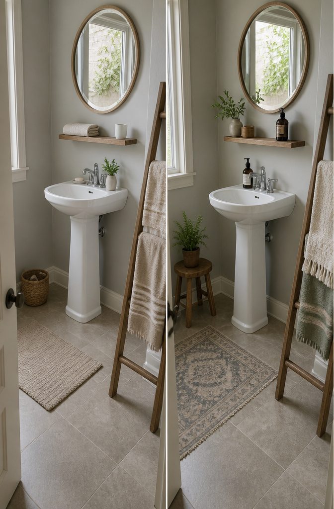Small farmhouse bathroom with round mirror and pedestal sink