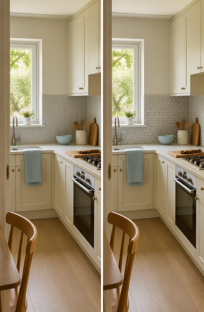 16 Ways to Decorate a Small Kitchen That Actually Work 8 Small kitchen with light cabinets, pale walls and coordinated colorful accents