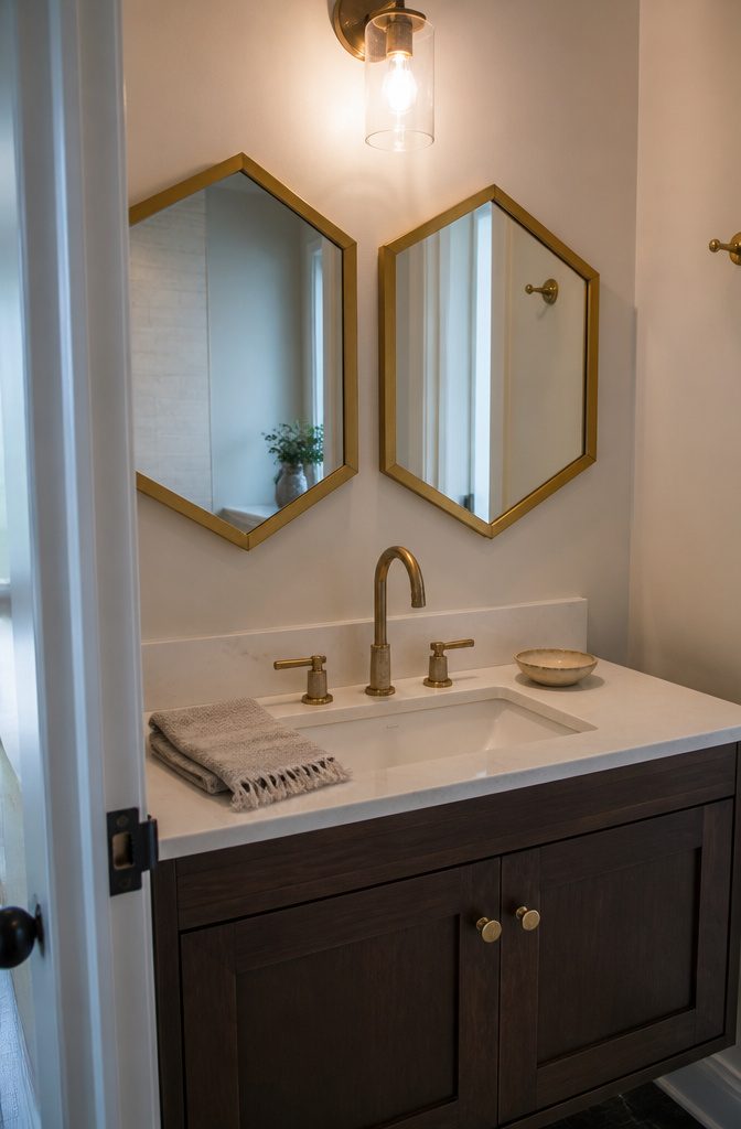 Pair of six-sided mirrors with brushed brass frames above a powder-room sink