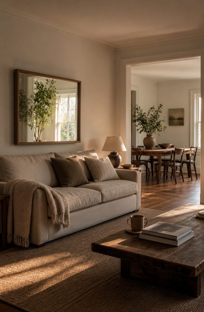 Large wall mirror hanging above the back of a sofa
