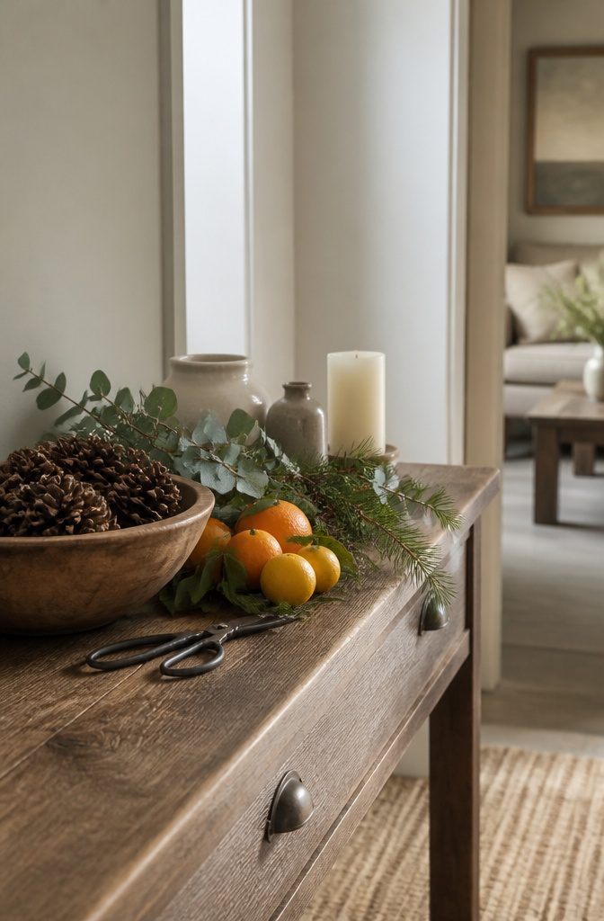 18 Ways to Decorate a House for Christmas 18 Pinecones bare branches and citrus arranged as Christmas decorations