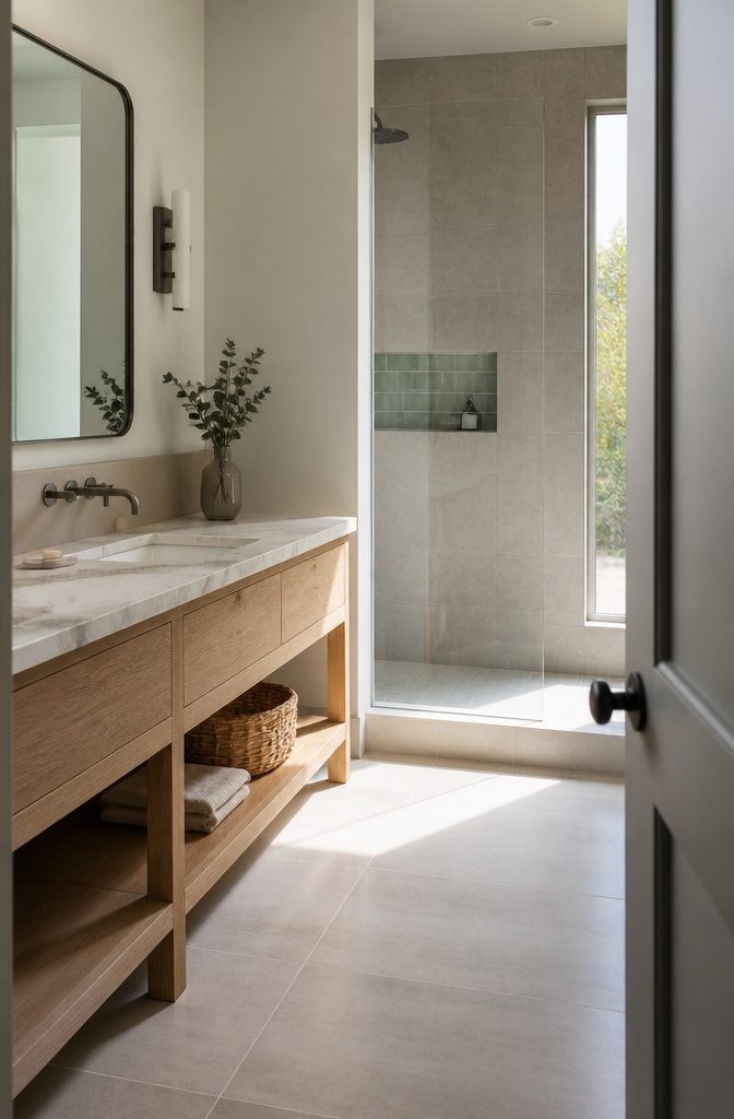 18 Ways to Style a Modern Bathroom 10 Carrara marble vanity top beside a quartz ledge and oak vanity frame