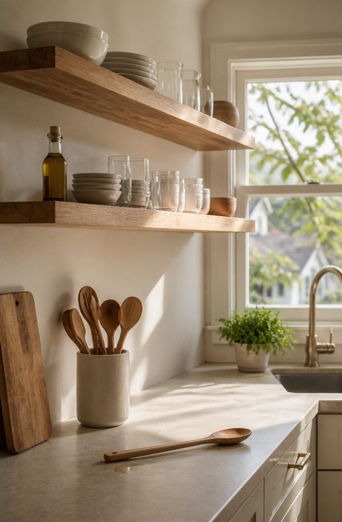 12 Ways to Organize a Small Kitchen That Actually Work 13 Kitchen floating shelves holding white bowls, olive oil, and wooden spoons