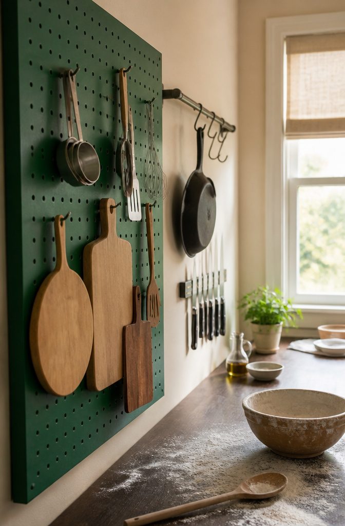 12 Ways to Organize a Small Kitchen That Actually Work 5 Kitchen wall with hanging pots, cooking utensils, and knives on a magnetic strip