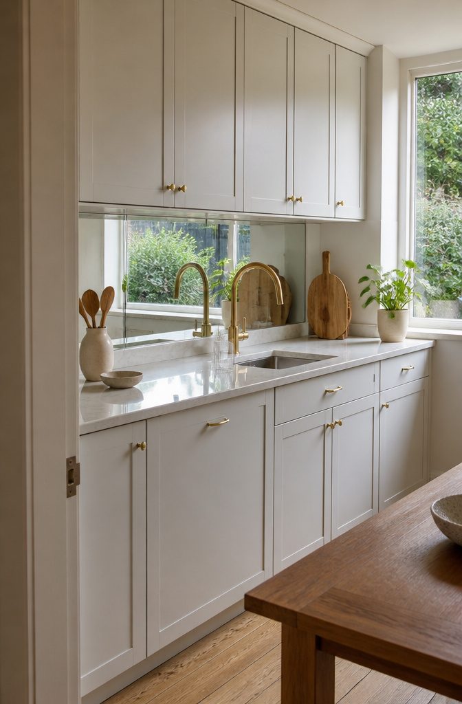 16 Ways to Decorate a Small Kitchen That Actually Work 10 Small kitchen with mirrored backsplash, pale counter, upper cabinets and reflected window
