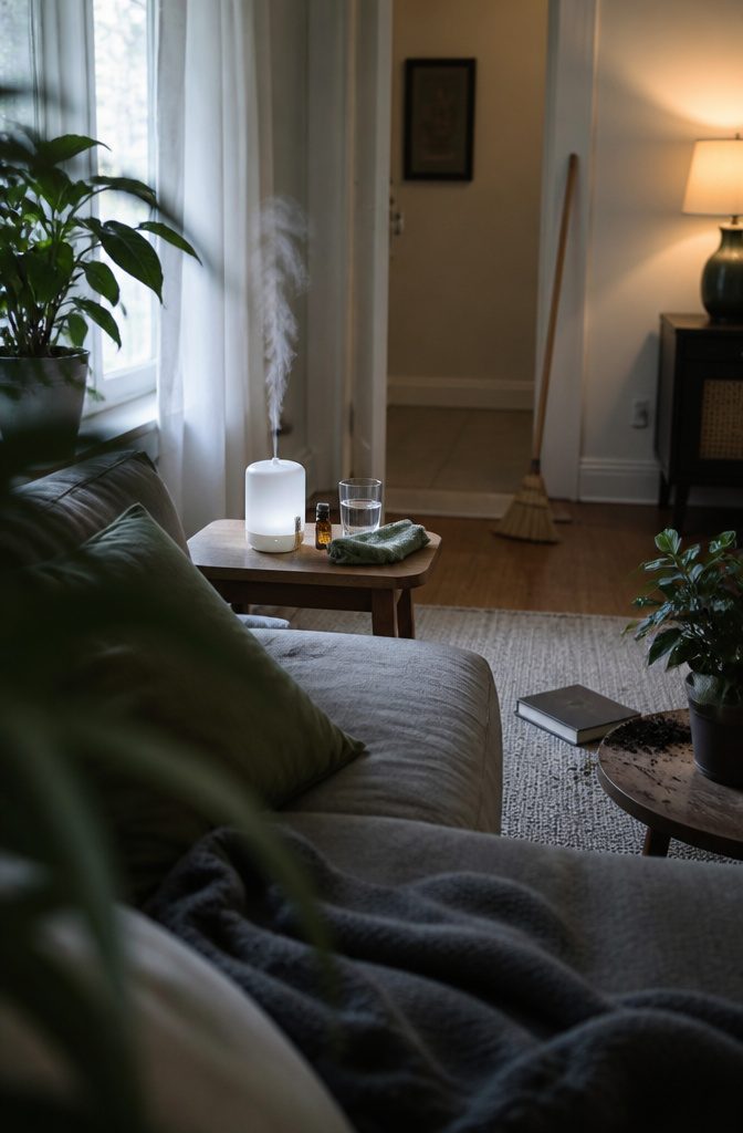 Diffuser oil bottle and folded cloth beside a living room plant