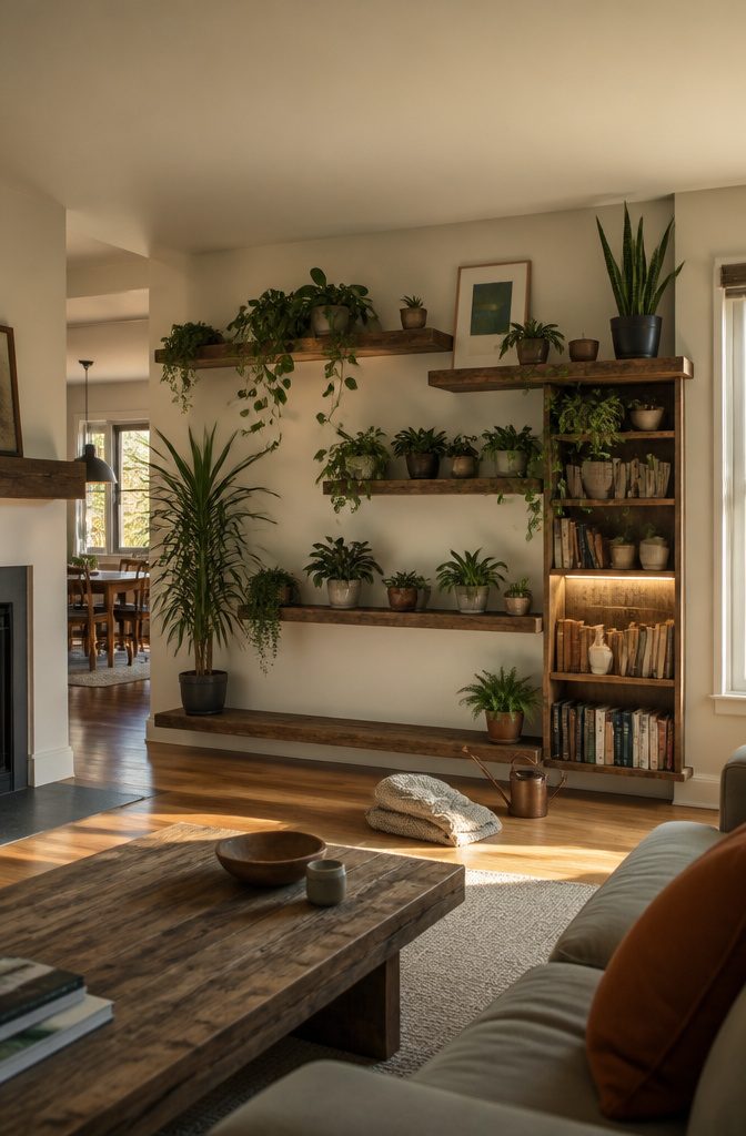 Bookshelf holding trailing vines and potted plants on multiple shelves