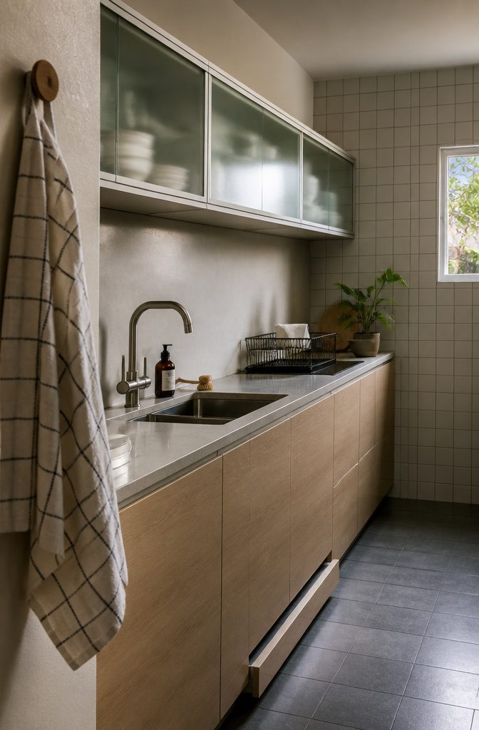 16 Ways to Decorate a Small Kitchen That Actually Work 7 Narrow galley kitchen with sliding frosted cabinet doors and a recessed toe-kick drawer