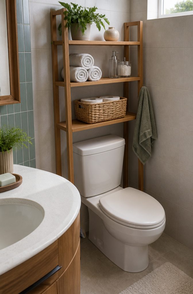 15 Ways to Organize a Small Bathroom Without Wasting Space 4 Over-toilet étagère with shelves holding towels toilet paper and toiletries
