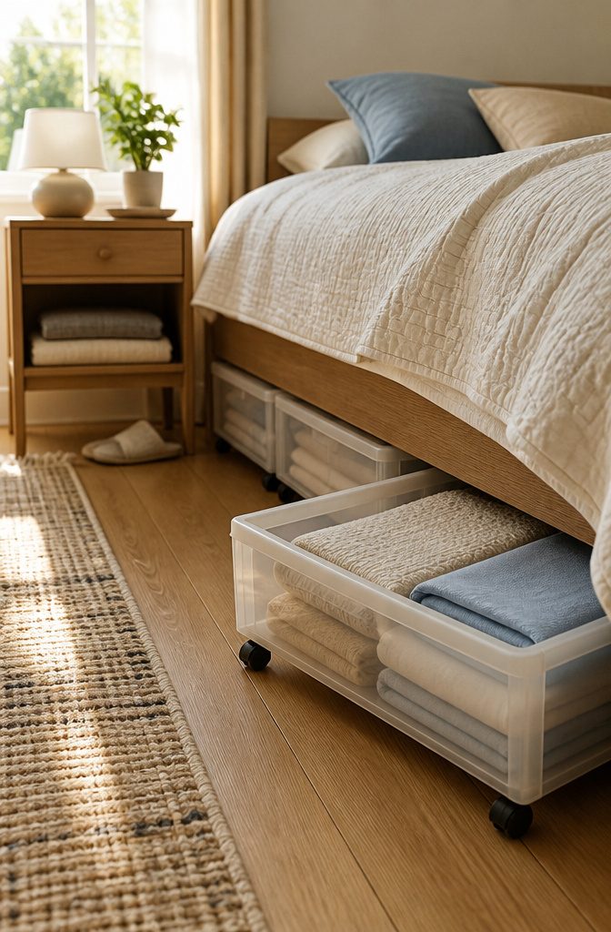 12 Ways to Organize Your Bedroom and Keep It That Way 3 Under-bed rolling bins with folded blankets and sheets