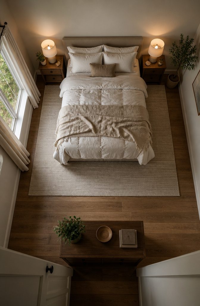 Bed centered on a wall between matching nightstands and bedside lamps
