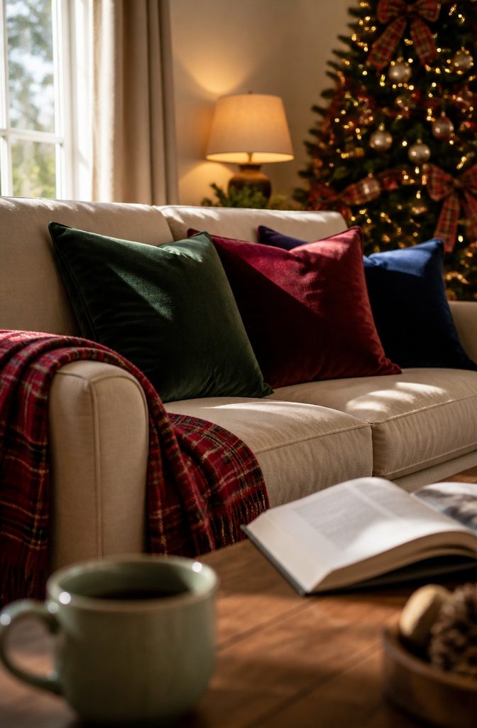 18 Ways to Decorate a House for Christmas 15 Neutral sofa with jewel-tone velvet pillows and a red check throw