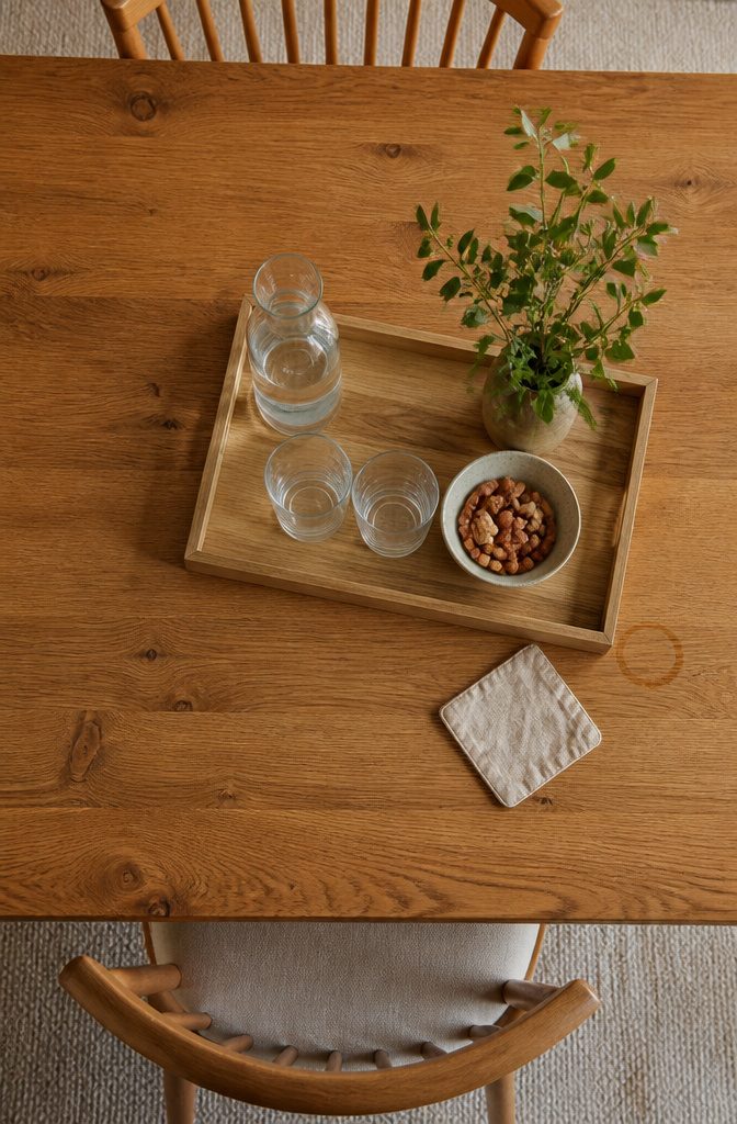 17 Ways to Decorate a Dining Table (With Style Tips) 11 Dining table tray holding flowers a low bowl and a small carafe