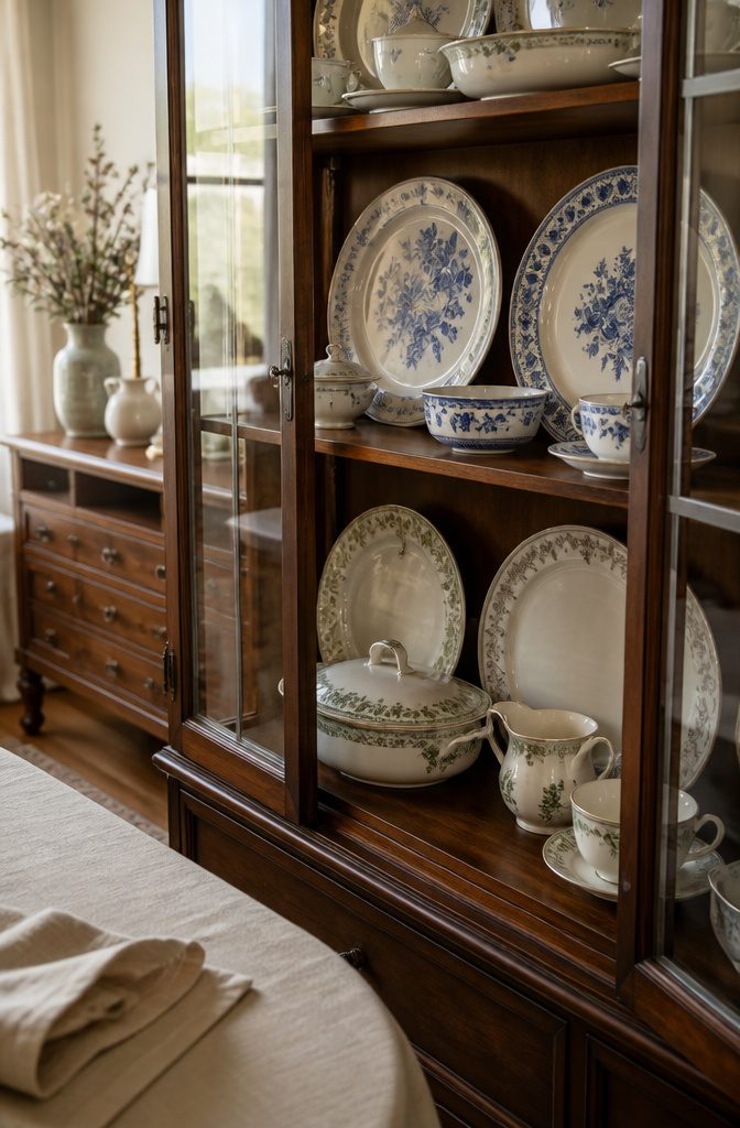 Large patterned plates stand upright behind smaller dishes in a china cabinet