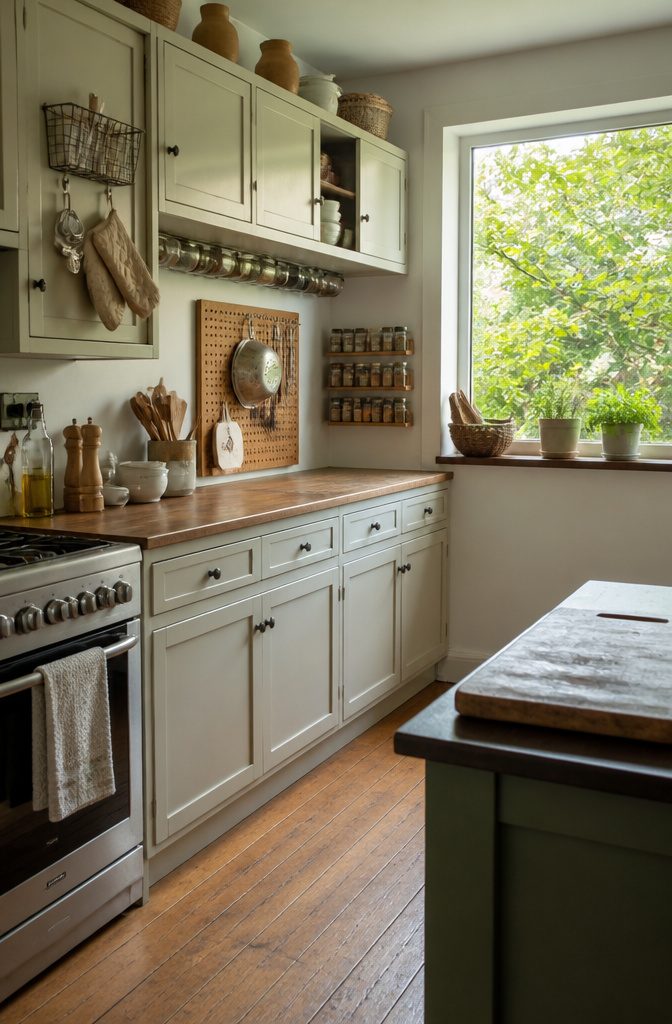 12 Ways to Organize a Small Kitchen That Actually Work 4 Kitchen with storage hooks on cabinet doors and shelves above the counter