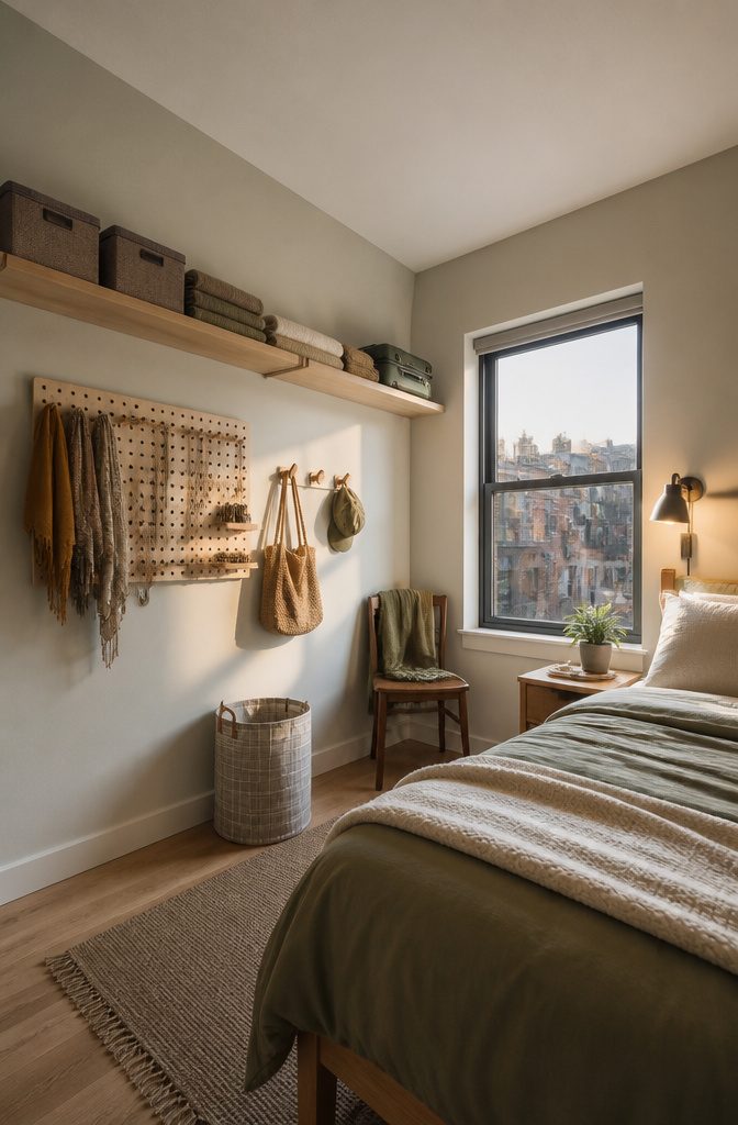 12 Ways to Organize Your Small Room Without Wasting Space 4 Bedroom wall with floating shelves hooks and a pegboard holding belongings