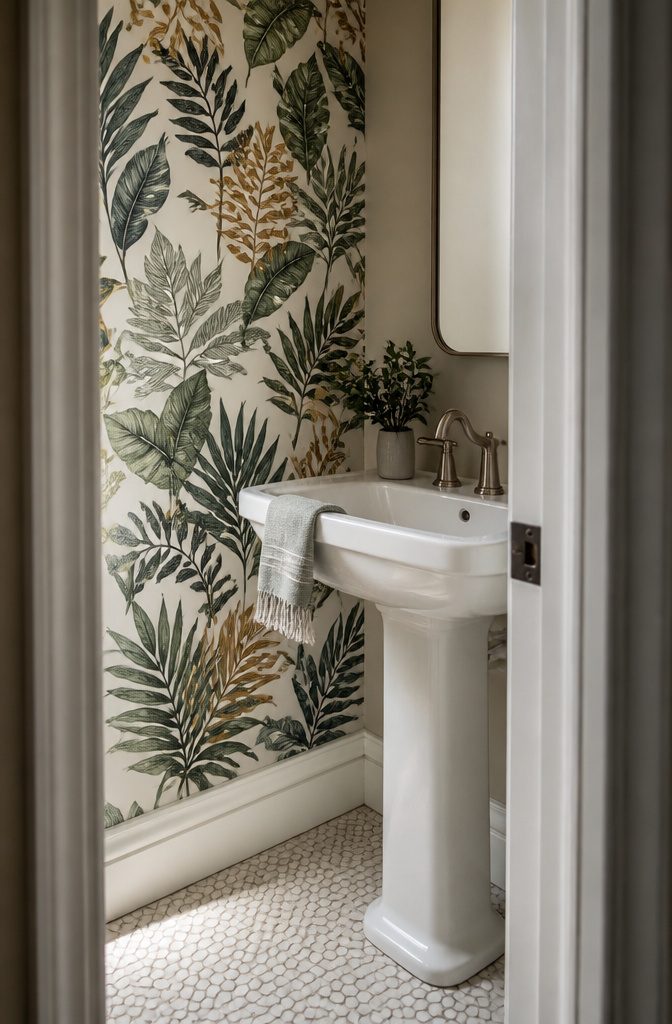 19 Ways to Style a Bathroom Without a Full Remodel 16 Bold patterned wallpaper covering a bathroom wall beside a vanity