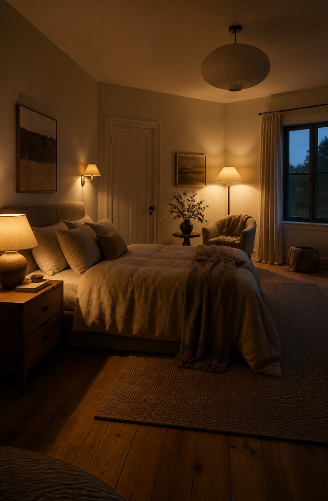 Bedroom with bedside lamps and a floor lamp illuminating the room