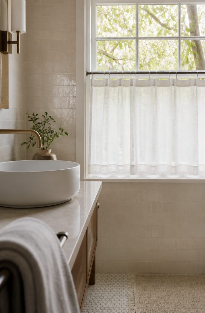 18 Ways to Style a Modern Bathroom 17 White linen café curtains across the lower half of a bathroom window