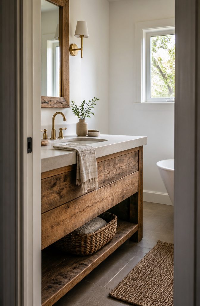 Bathroom vanity with reclaimed wood, limestone counter, and brass faucet