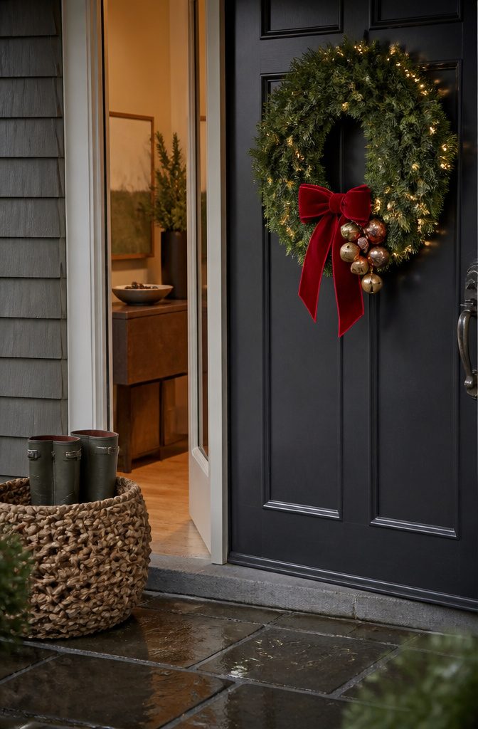 18 Ways to Decorate a House for Christmas 6 Pine wreath with warm white lights red bow bells and ornaments