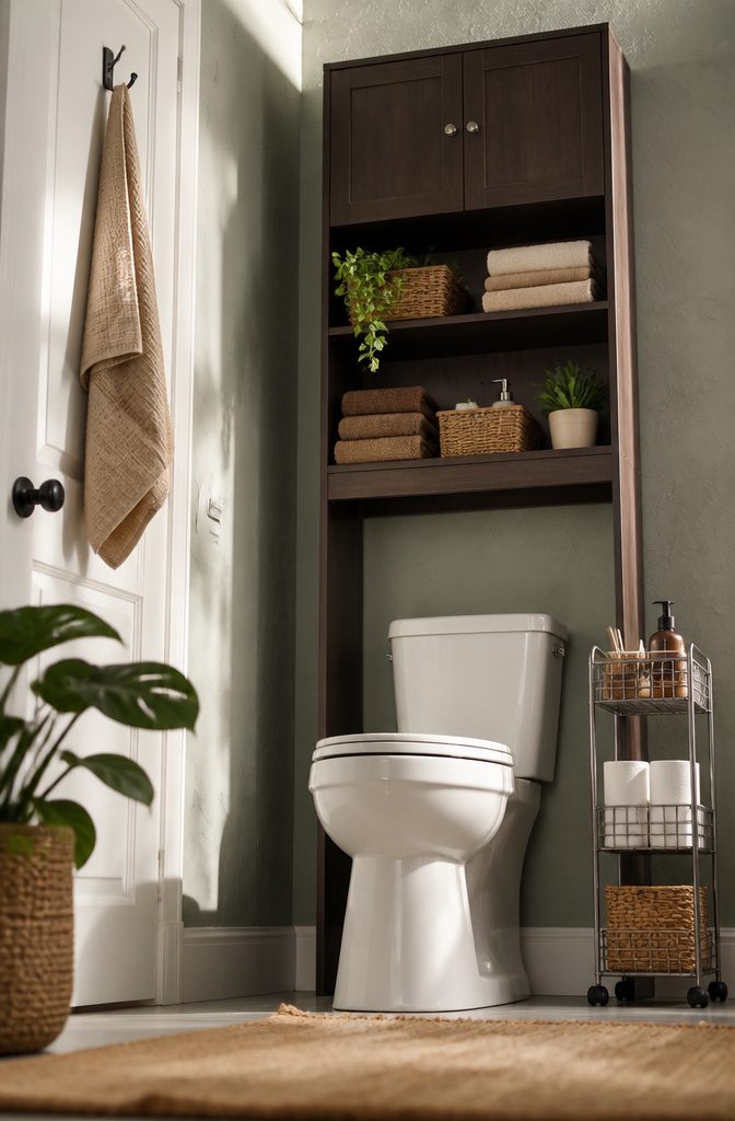 An over-the-toilet cabinet with shelves holding various bathroom items.