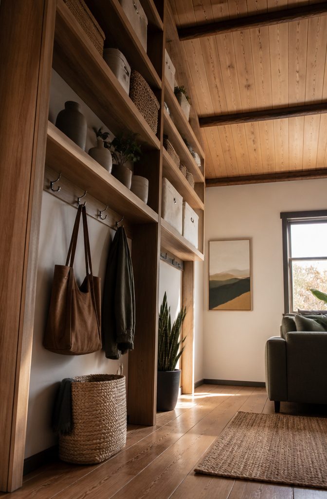 10 Tiny Home Space Saving Ideas: Storage and Layout Solutions 2 Wall-mounted shelves and racks in a tiny home, demonstrating vertical storage solutions.